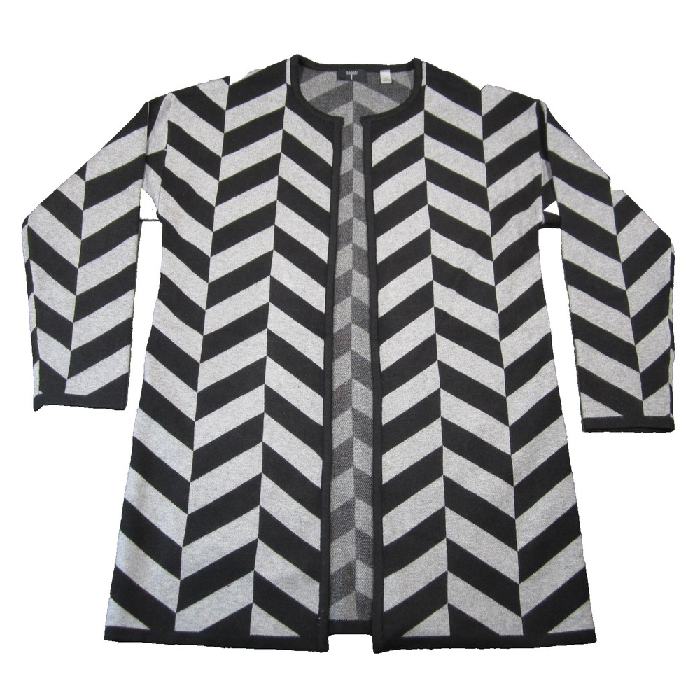 Tahari Cardigan Womens L Black Gray Crewneck Jacquard Chevron Open Front Casual